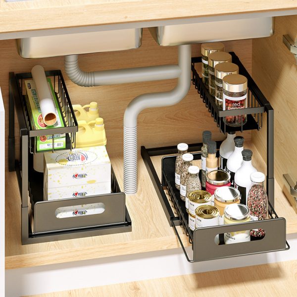 Height Adjustable Kitchen Storage Rack 2 Tier Pull Out Sliding Cabinet Organizer Under Sink Organizer - Image 3