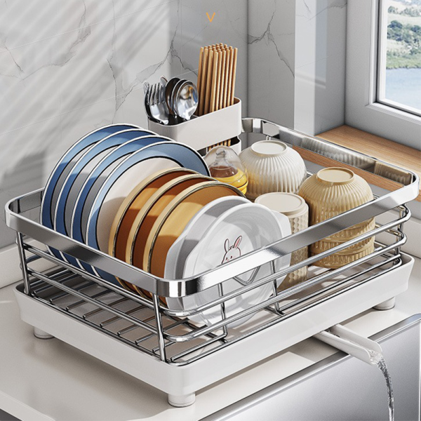 Stainless Steel Table Top Dish Rack Large Capacity Chopsticks Holder Cup Storage Rack Household Kitchenware Use