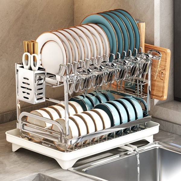 2-Tier Stainless Steel Dish Drain Rack With Chopstick Holder and Cutting Board Holder Multi-Functional Kitchen Storage Rack